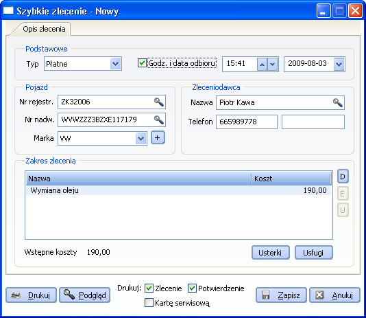 8.2.1 Szybkie zlecenie Program Integra 7 umożliwia otwarcie szybkiego zlecenia, które zawiera tylko podstawowe dane niezbędne do rozpoczęcia naprawy, natomiast pozostałe informacje uzupełniane są w