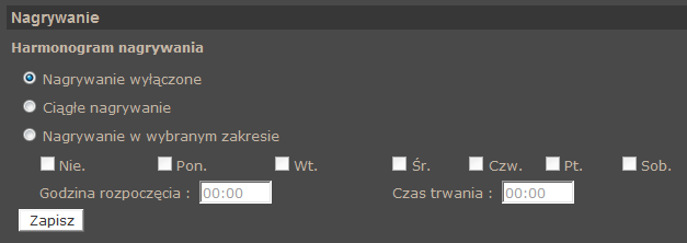 NVIP-2DN3001H/IR-2P Instrukcja obsługi wer.1.0. INTERFEJS WWW - PRACA Z KAMERĄ 4.2.11. Nagrywanie Menu Nagrywanie pozwala ustawić nagrywanie ciągłe strumienia wideo z kamery na karcie pamięci.