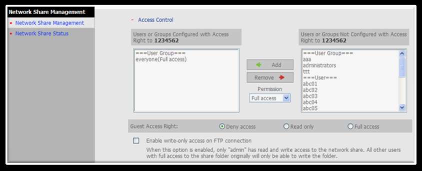 Network Share Management> Access Control > FTP Write Only Tylko admin posiada prawa do odczytu/zapisu danych udostępnionych na