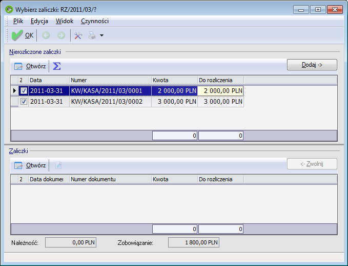 Rys. 103 Wybierz zaliczki Dokument KW umieszczony zostanie na dole informując, że jest rozliczony.