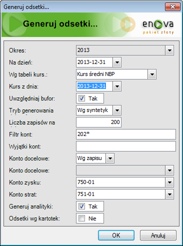 Rys. 115 Generowanie odsetek statystycznych Na formatce odsetki statystyczne należy uzupełnić odpowiednio pola: związane z datą wyceny, tabele kursową.