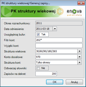 Rys. 117 Menu Czynności Następnie należy uzupełnić pola na zakładce PK struktury wiekowej: Rys. 118 PK struktury wiekowej Filtr kont - filtr kont wg, których mają powstać zapisy (np.202*).