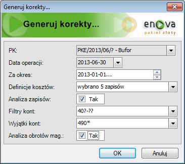 Na formatce należy określić parametry: Rys. 122 PK / Złe długi (koszty) - Generuj korekty PK numer dokumentu PK. Data operacji data operacji dokumentu. Za okres możliwość ograniczenia okresu.