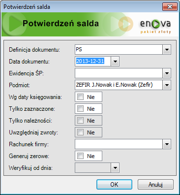 Parametry, które ustawiamy w opcjach przed wydrukiem dokumentów. Potwierdzenia salda Wezwania do zapłaty Uwzględniaj tylko należności i wpłaty, Uwzględniaj zwroty. Szczegółowe. Potwierdzenia sald Rys.