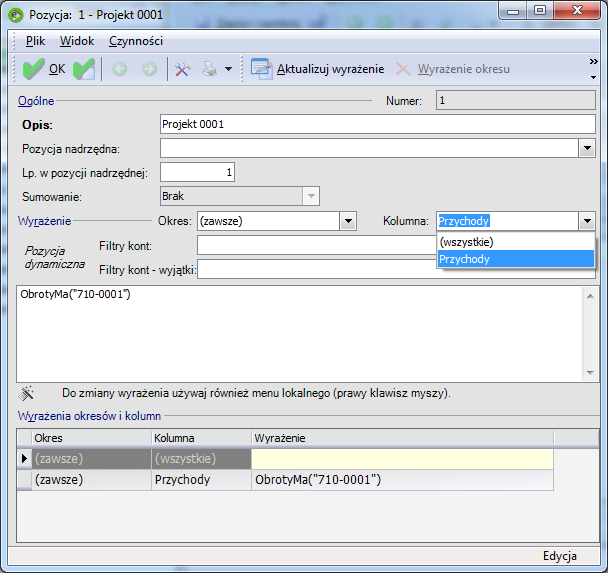 Dynamiczne pozycje wg filtra kont Rys. 190 Aktualizacja wyrażenia dla kolumn Tworząc zestawienie w którym dla kolejnych pozycji będą wykonywane obliczenia według tych samych zasad (np.