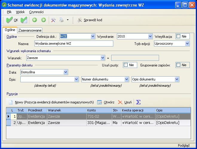 Rys. 228 Schemat do księgowania dokumentu WZ Schematy do dokumentów przyjęć wewnętrznych PW i wydań wewnętrznych WW Schematy do księgowania dokumentów przyjęć wewnętrznych i wydań wewnętrznych