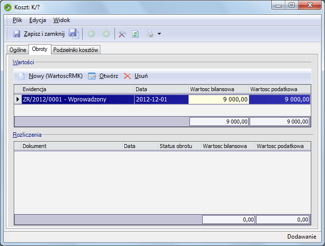 Wartość naliczonego kosztu pojawi się na zakładce Obroty danego kosztu, jako nowy obrót (Księgowość > RMK > Koszty). Rys.