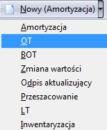 Wybór dokumentu OT lub za pomocą myszy z menu pojawiającego się po kliknięciu strzałki na prawo od klawisza Nowy