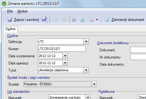 Dla typu dokumentów zmiana wartości dostępny jest odrębna definicja LTC którą należy wybrać w sytuacji gdy częściowo likwidujemy środek trwały. Rys.
