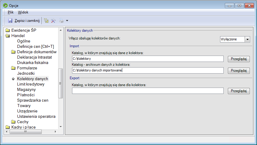 W programie enova w konfiguracji należy włączyć obsługę kolektorów danych i uzupełnić wszystkie niezbędne ścieżki dostępu do danych (Narzędzia > Opcje > Handel > Kolektory danych). Rys.