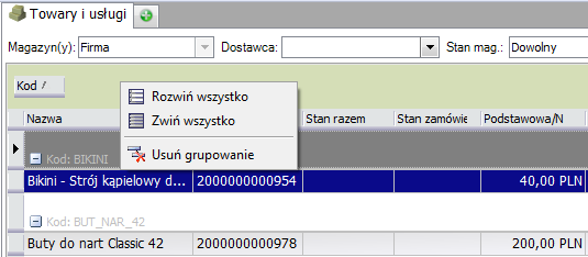 Rys. 14 Zbiorcze rozwinięcie elementów grupowanych W przypadku grupowania wg cechy, poprawne grupowanie uzyskujemy wyłącznie dla cech tekstowych bez atrybutu historyczności.