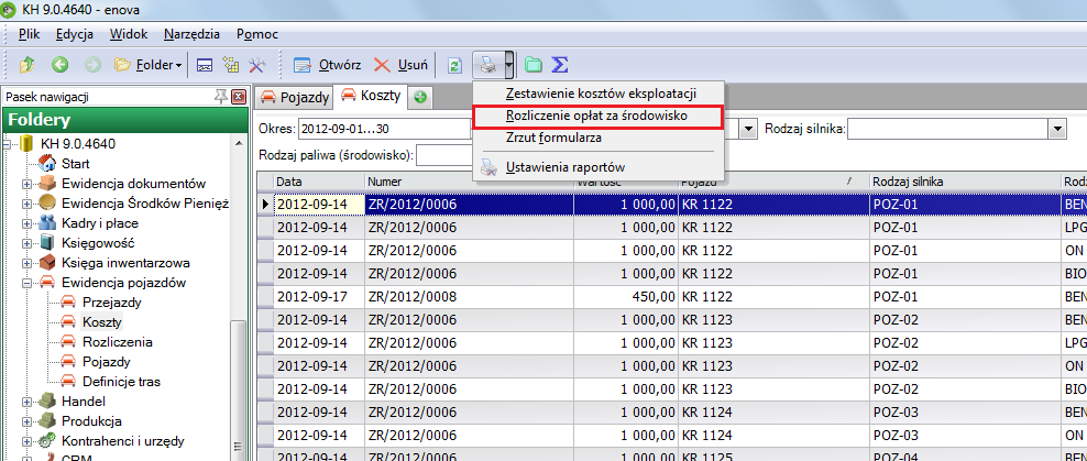 Wszystkie naliczone koszty widoczne są na liście Koszty w Ewidencji pojazdów. Rys. 311 Koszty Wyliczanie opłaty za korzystanie ze środowiska.