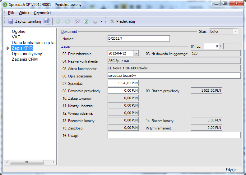 Rys. 328 Zapis KPIR sprzedaży Efektem predekretowania jest przyporządkowanie w odpowiedniej kolumnie kwoty z faktury oraz danych.