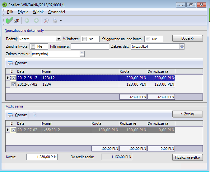 Rys. 38 Formularz Rozliczanie dokumentów Ukaże się lista dokumentów nierozliczonych dla danego kontrahenta, wraz z zaznaczonymi pozycjami, które zostały wskazane na dokumencie kasowo/bankowym w polu