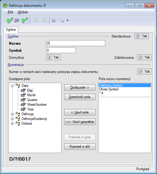 Rys. 59 Definicja dokumentu Lista po lewej stronie to lista pól, które mogą być użyte w definicji numeracji. Po prawej stronie znajduje się aktualna definicja.