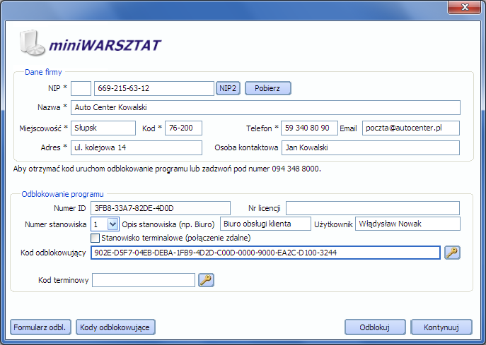 Po uzupełnieniu danych należy przesłać formularz do dystrybutora przez Internet (wciskając przycisk Odblokuj ). Rys.