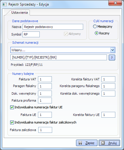 5.12 Konfiguracja rejestru sprzedaży Kolejnym krokiem konfiguracji programu jest ustalenie parametrów rejestru sprzedaży. W tym celu z menu Administracja należy wybrać pozycję Rejestry Sprzedaży.