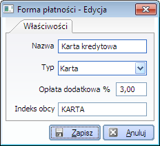 R y s. 0-26 S t a w k a V A T 5.14.2 Formy płatności W przypadku form płatności do słownika wprowadzone są domyślnie jej podstawowe typy. Są to: płatność gotówką, przelewem, kartą kredytową i czekiem.