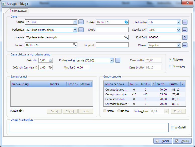 Rys. 6-4 Karta Usługi Podobnie jak w przypadku kartoteki towarów poszczególne usługi mogą być grupowane w grupy i podgrupy.