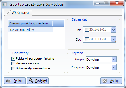 8.2.1 Raport sprzedaży towarów Tworzymy go wybierając z listy raportów sprzedaży pozycję Raport sprzedaży towarów.