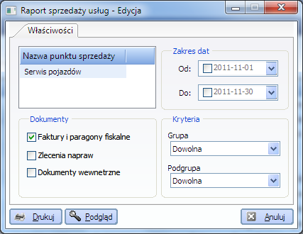 8.2.2 Raport sprzedaży usług Tworzymy go wybierając z listy raportów sprzedaży pozycję Raport sprzedaży usług. Podobnie jak w przypadku innych raportów rozpoczynamy od ustawienia zakresu dat (Rys.