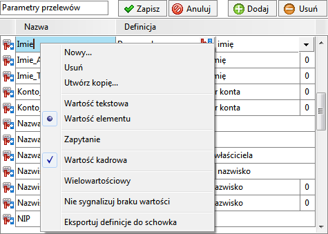 Podręcznik użytkownika Sage Symfonia Kadry i Płace 236 Rys. 286 Okno Ustawienia Parametry przelewów. Parametry składają się z nazwy, po której są identyfikowane oraz definicji.