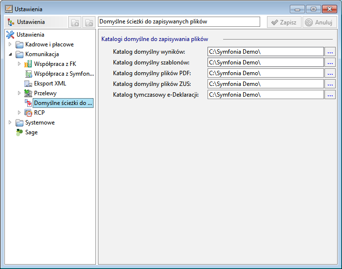 Podręcznik użytkownika Sage Symfonia Kadry i Płace 267 Rys. 338 Okno Ustawienia programu e-deklaracje z domyślnymi ścieżkami zapisu e-deklaracji.