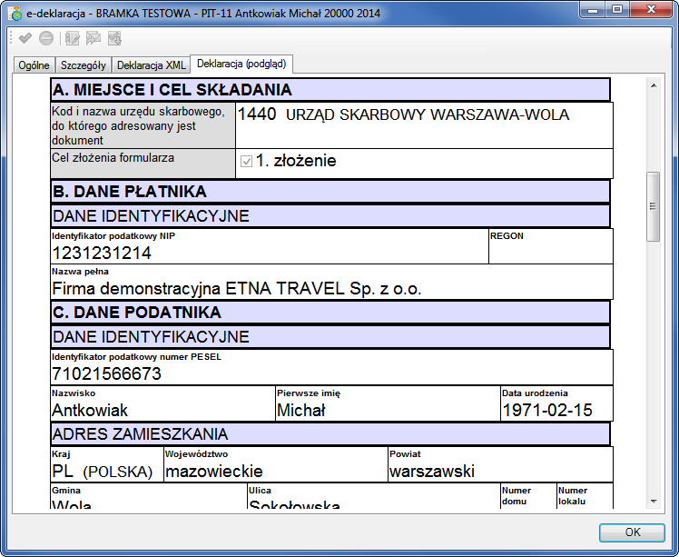 Podręcznik użytkownika Sage Symfonia Kadry i Płace 277 Rys. 355 Okno informacji o e-deklaracji panel Deklaracja XML. W panelu Deklaracja XML można przejrzeć zawartość pliku XML deklaracji. Rys. 356 Okno informacji o e-deklaracji panel Deklaracja XML.