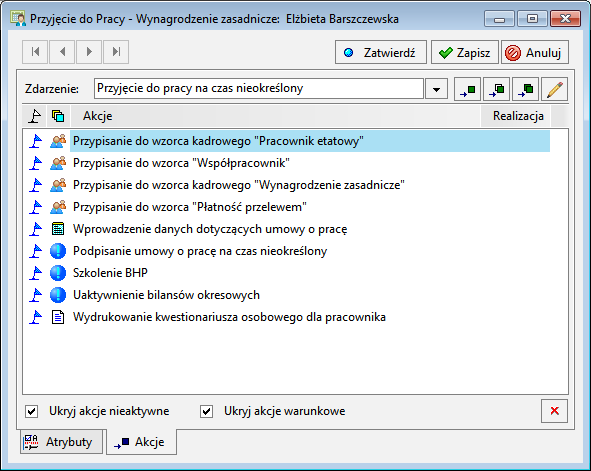 Podręcznik użytkownika Sage Symfonia Kadry i Płace 38 Akcje są to czynności związane z danym zdarzeniem, które zostaną automatycznie wykonane przez program po zatwierdzeniu zdarzenia.