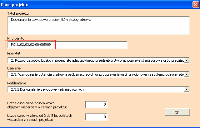 W pole Numer projektu należy wprowadzić numer nadany przez instytucję (przyjmującą wniosek o dofinansowanie projektu) w piśmie informującym o wynikach oceny formalnej zaczynający się od symbolu