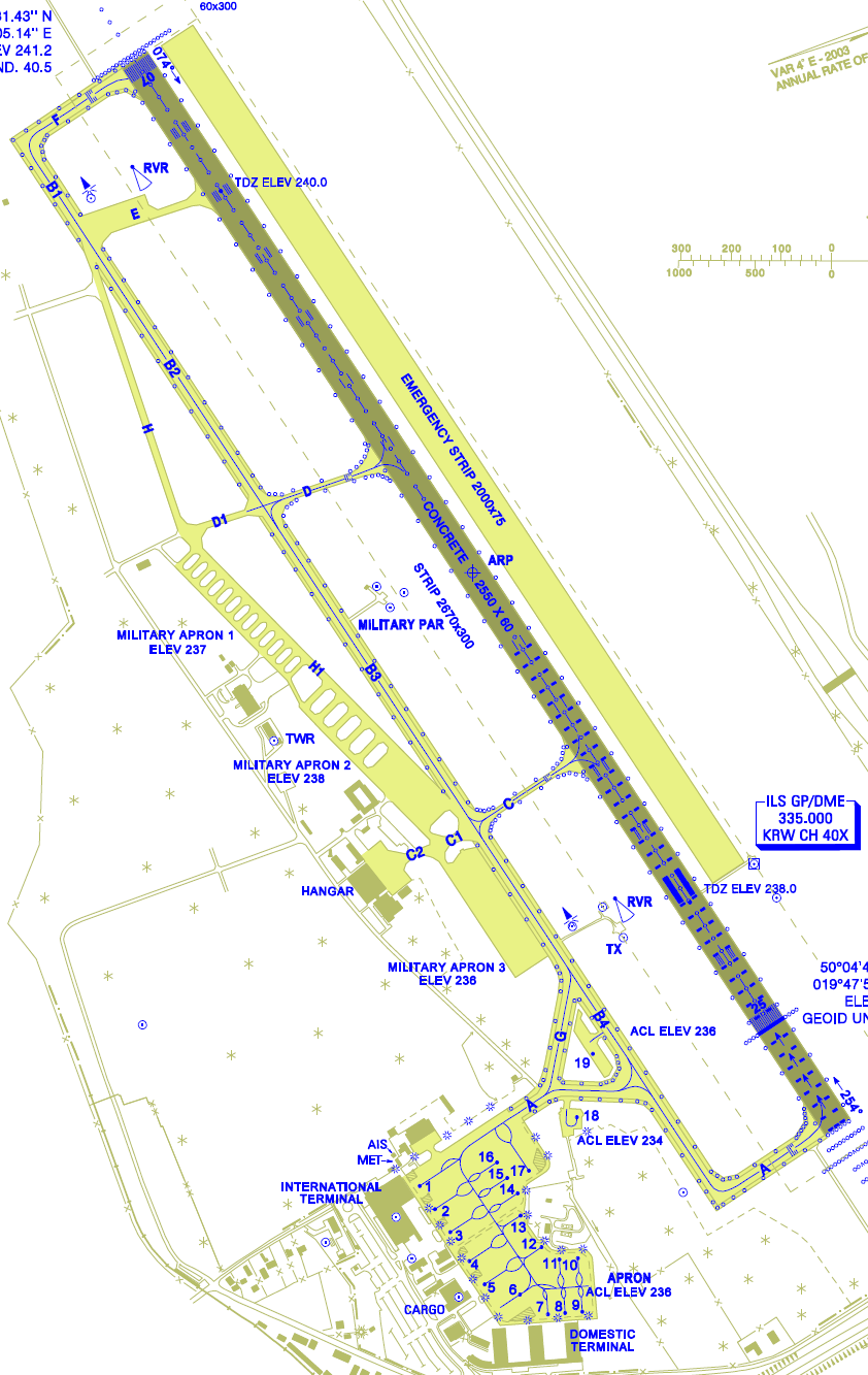 3.2.17.5.10 Krakow (ICAO: EPKK) Lotnisko EPKK posiada jedną drogę startową o długości 2550m oraz równoległą drogę kołowania.