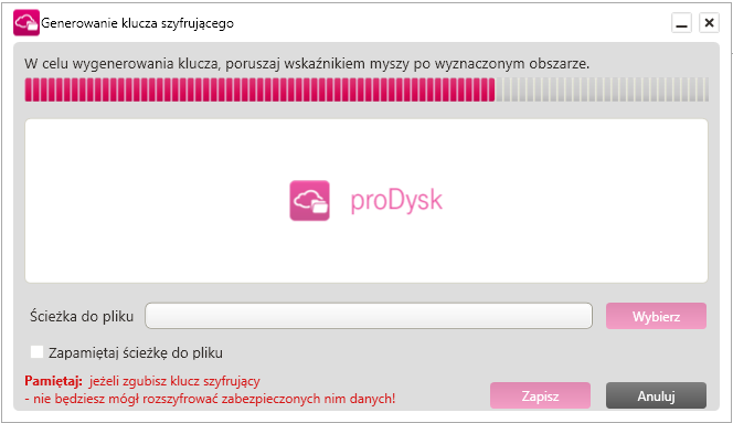 UWAGA: w przypadku utraty klucza szyfrującego, dane nim zaszyfrowane zostaną bezpowrotnie utracone.
