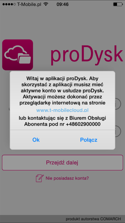 Wybranie pozycji Nie posiadasz konta? skutkuje wyświetleniem informacji: 19.2.2. WYSYŁANIE PLIKÓW Aplikacja umożliwia wysyłanie danych bezpośrednio do wybranego katalogu w prodysk.