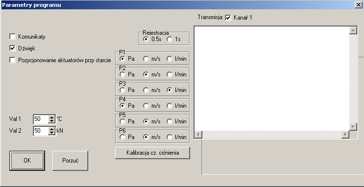 Parametry programu. W oknie tym zgrupowano większość waŝniejszych parametrów procesowych i ustawień urządzenia.