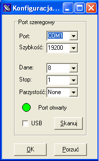 Konfiguracja portu szeregowego. STANOWISKO DO BADANIA TURBINY REAKCYJNEJ Okno to pozwala na ustawienie wszystkich potrzebnych parametrów portu szeregowego do komunikacji ze sterownikiem.
