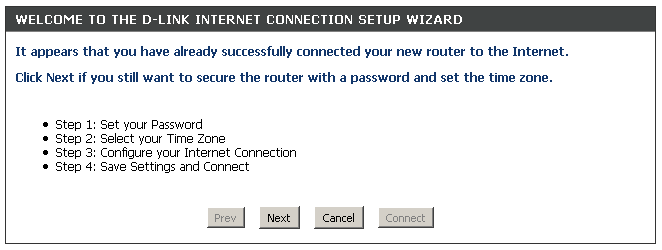 Aby uruchomić kreator konfiguracji połączenia z Internetem, kliknij przycisk Internet Connection Setup Wizard. Kreator dokonuje konfiguracji w czterech krokach opisanych na poniższym obrazku.