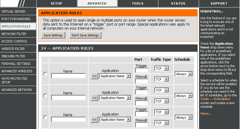 Nazwa (Name) wprowadź nazwę reguły. Nazwa apliakcji (Application Name) z menu rozwijanego wybierz nazwę aplikacji, aby dodać predefiniowaną zasadę otwierania portów i kliknij przycisk <<.