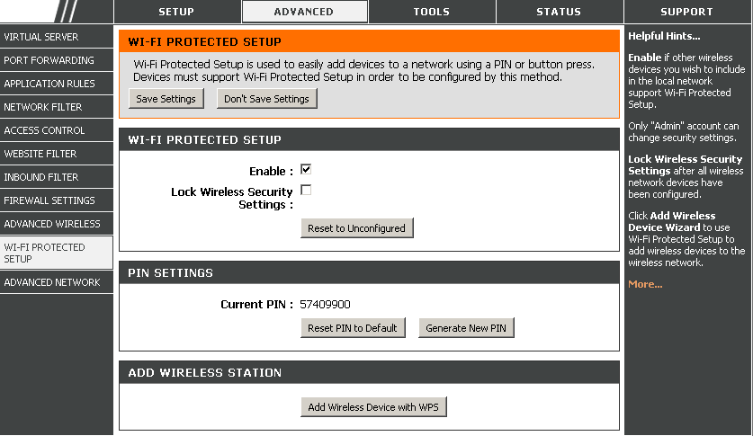 4.3.16 Advanced > Wi-Fi Protected Setup Wi-Fi Protected Setup System (WPS) to uproszczona metoda zabezpieczenia sieci podczas procesu początkowej konfiguracji urządzenia lub dodawania nowego