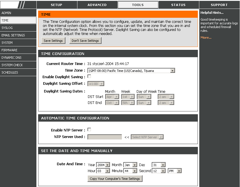 Konfiguracja czasu (Time Configuration) sekcja wyświetla informacje o bieżących ustawieniach czasu i daty routera i umożliwia uruchomienie obsługi czasu letniego oraz zmianę strefy czasowej.