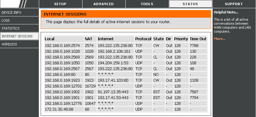 4.3.30 Status > Internet Sessions Sekcja wyświetla szczegółowe informacje na temat aktywnych sesji routera.