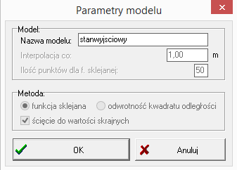 z rysunkiem trójkątów. Wciśnięcie Wykonaj obliczenia przy równocześnie wciśniętym przycisku Numeryczny model terenu spowoduje obliczenie modelu, wprowadź nazwę modelu stanwyjsciowy.