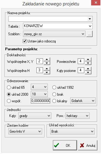 Wyświetli się okno założenia nowego projektu lub wskazania istniejącego, oraz założenia nowej tabeli z szablonem NowyGIV i zestawem kodów GeoInfoV. Szablon NowyGIV.