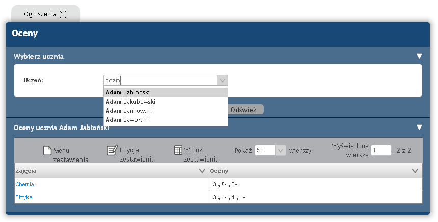 Opiekun może wskazać z listy uczniów, ucznia którego oceny w danym momencie go interesują. Domyślnie wybrany jest pierwszy uczeń z listy.