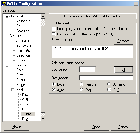 Należy najpierw podać dane: Source port: np 1521 dla oracle. To port, który będzie otwarty na naszym komputerze Destination: np. dbserver.mif.pg.gda.
