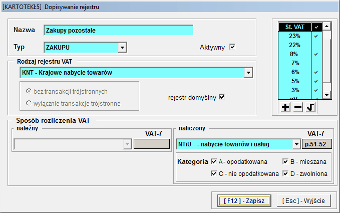 4.5.4.3 Menu kartoteki 49 Rejestr zakupów KNT Rejestr zakupów KNT (Krajowe Nabycie Towaru) służy do ewidencji kwot z transakcji nabycia towarów i świadczenia usług na terytorium kraju. 4.5.4.4 Rejestr zakupów WNT Rejestr zakupów WNT (Wewnątrzwspólnotowe Nabycie Towaru) służy do ewidencji kwot dotyczących wewnątrzwspólnotowego nabycia towarów.