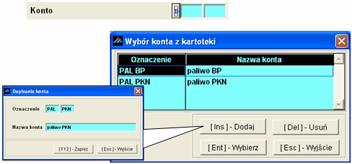 5.3.1.5 Ewidencja Dokumentów 63 Konto Konta Pole służy do używania własnych numerów kont. Dostęp do kont możliwy jest również poprzez menu Kartotek.