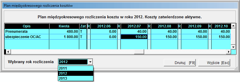 84 Ewidencja Dokumentów W ramach Opcji można ustalić filtrowanie oraz przenosic do archiwum i z niego przywracać. Zaewidencjonowane koszty międzyokresowe można wydrukować: 5.