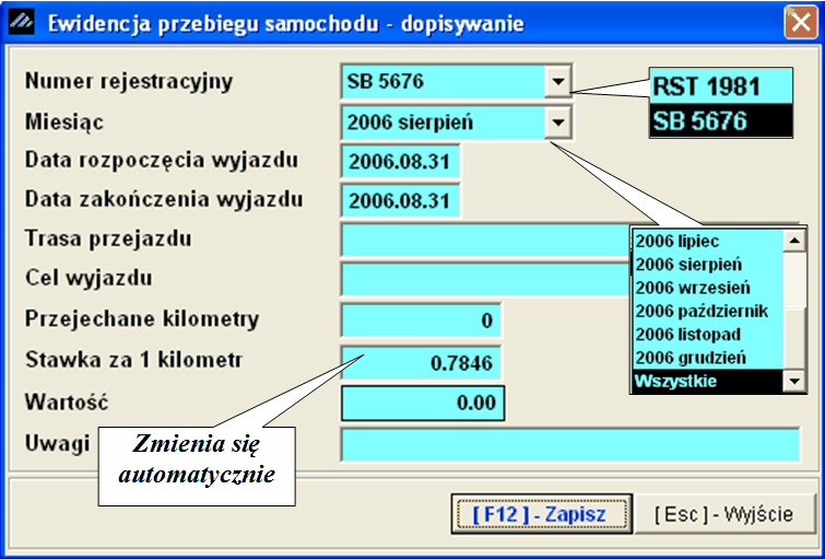 Ewidencja Dokumentów 5.6.1 87 Ewidencja przebiegu pojazdu Sposób wywołania ekranu do wprowadzenia danych do ewidencji przebiegu pojazdów (EPP) pokazano na poniższym rysunku.