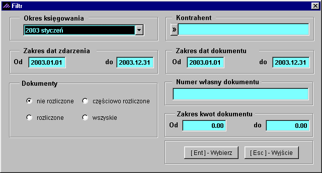 98 Rozliczenia Tabela udostępnia dane dokumencie takie jak: nr własny dokumentu data dokumentu kontrahent status do zapłaty zapłacono pozostało - pobrany z dokumentu, - pobrany z dokumentu, - pobrany